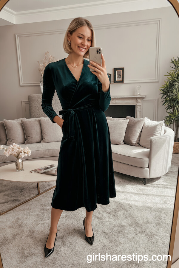 Luxurious Dark Green Velvet Wrap Dress and Classic Pumps
