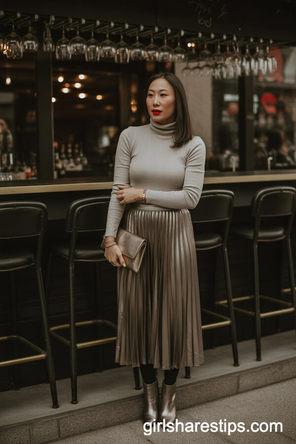 Fitted Turtleneck Sweater with Metallic Pleated Midi Skirt