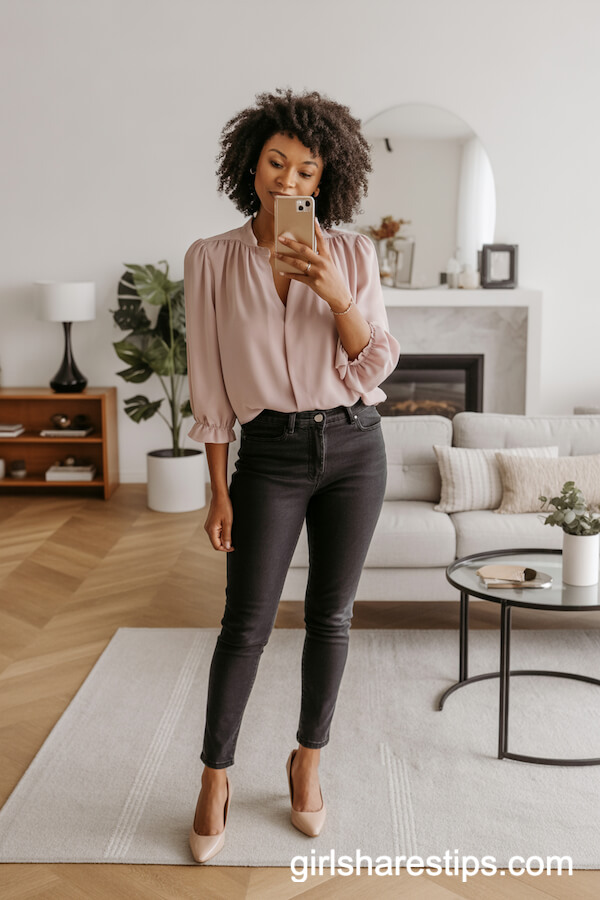 Soft Pink Ruffled Blouse with Dark Skinny Jeans and Nude Pumps
