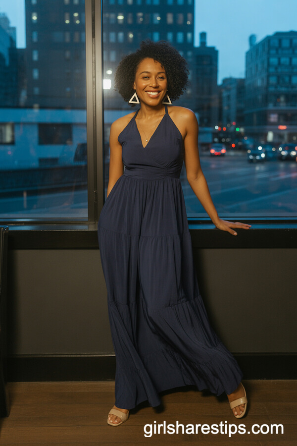 Flowy Navy Maxi Dress with Modern Geometric Earrings