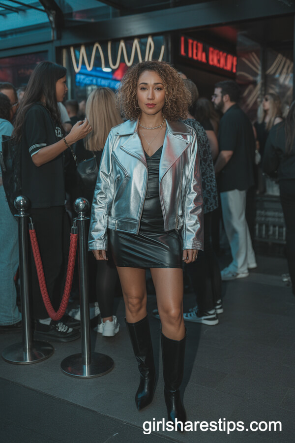 Metallic Silver Moto Jacket over a Black Mini Dress and Knee-High Boots