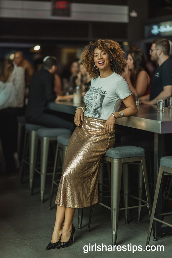 Fitted Graphic Tee with Gold Midi Sequin Skirt and Black Heels