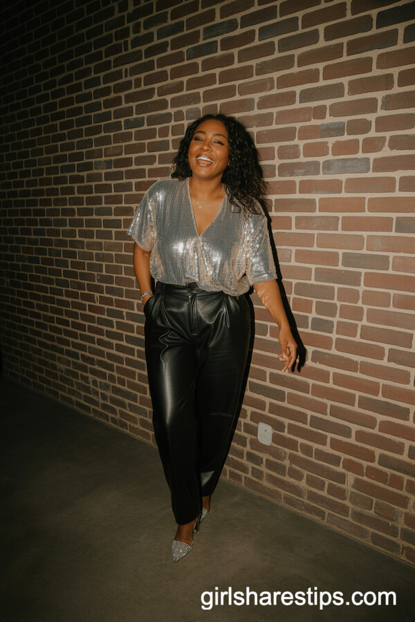 Shimmering Silver Sequin Top with High-Waisted Leather Pants