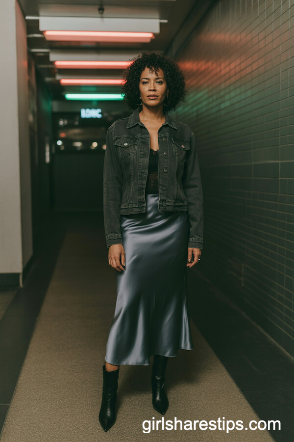 Fitted Dark Denim Jacket over a Silky Slip Skirt and Booties