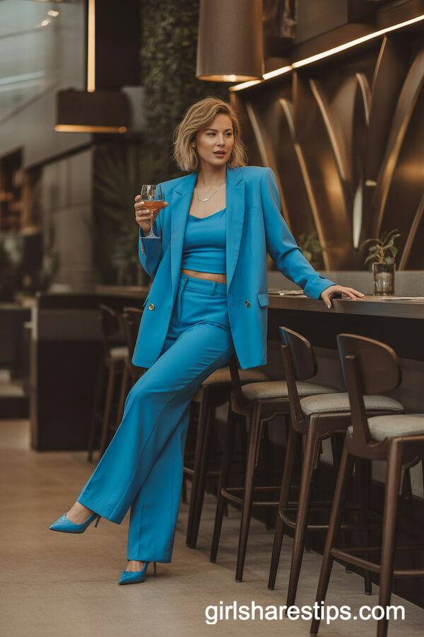 Electric Blue Power Suit with a Simple Camisole and Pointed Heels