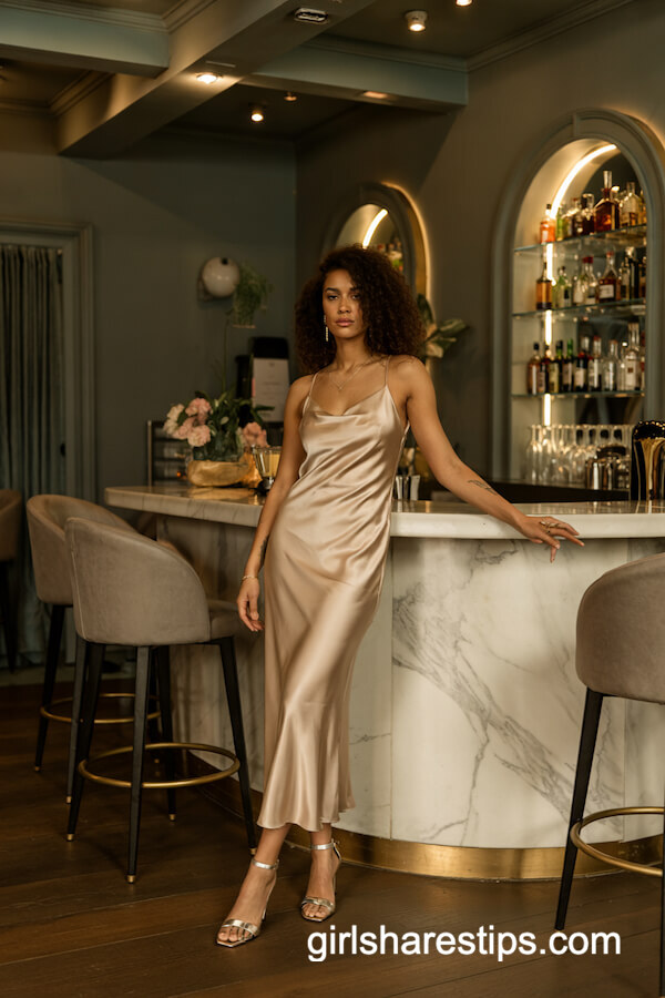 Gold Satin Slip Dress with Delicate Heels