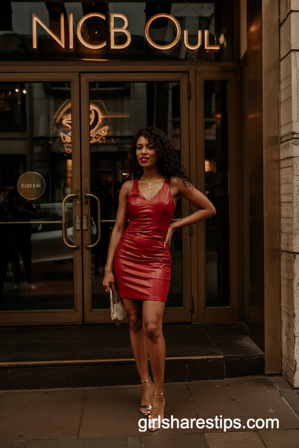 Red Bodycon Dress with Gold Heels