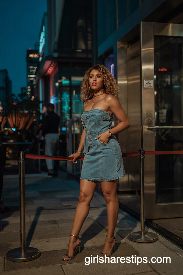 Designer Denim Mini Dress with Stilettos