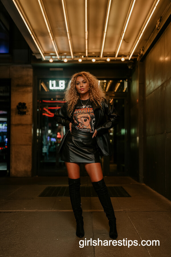 Black Leather Mini Skirt and Thigh-High Boots