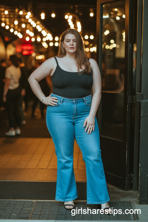 Sleek Black Bodysuit & Flared Jeans