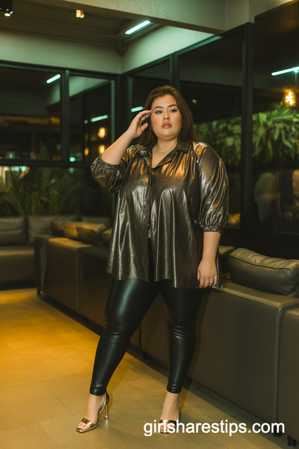 Oversized Metallic Blouse & Faux Leather Leggings