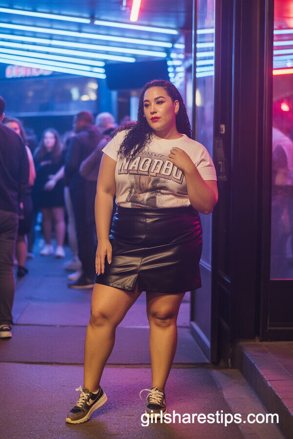 Graphic Tee & Black Faux Leather Mini Skirt
