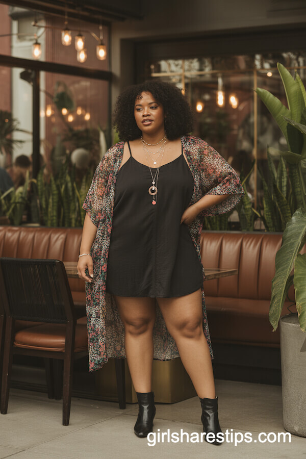 Black Camisole Dress Colorful Floral Kimono