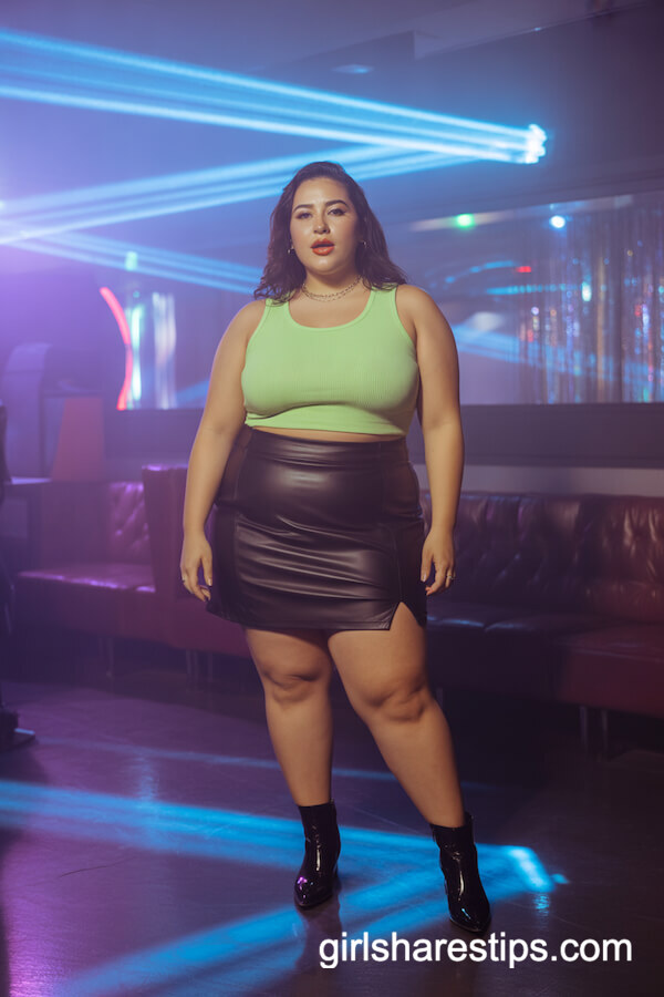 Black Faux Leather Mini Skirt & Neon Crop Top