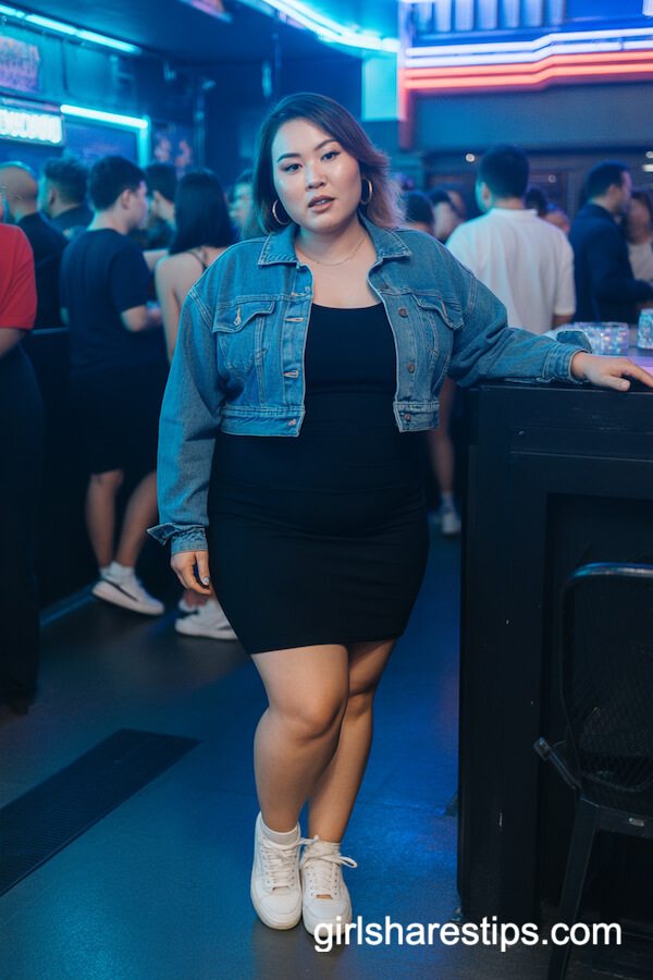 Fitted Black Mini Dress with Denim Jacket