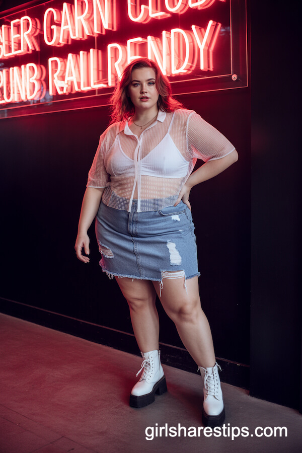 Sheer Mesh Top & Distressed Denim Mini Skirt