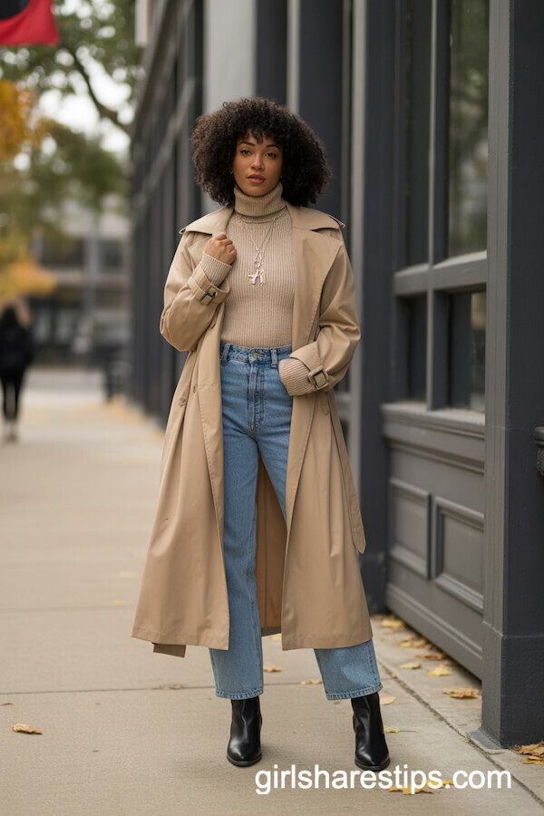 Trench coat with turtleneck and jeans