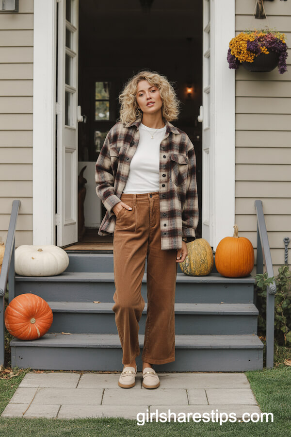 Corduroy pants and plaid shacket