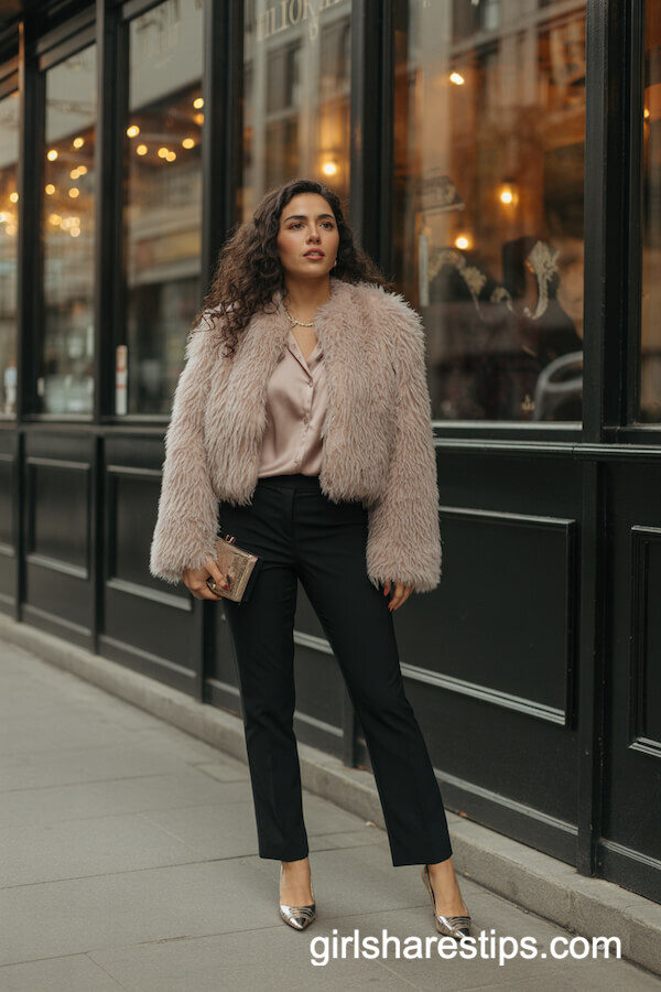 Faux fur coat and tailored pants