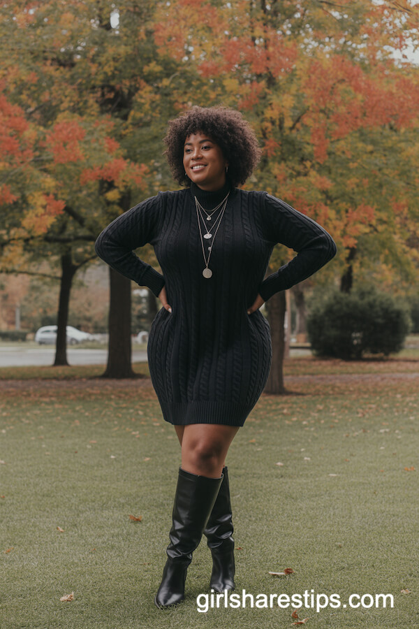 Sweater dress with knee-high boots