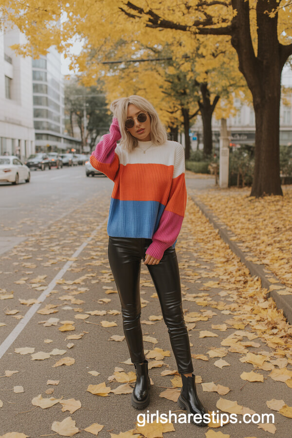 Color-block sweater with leather pants