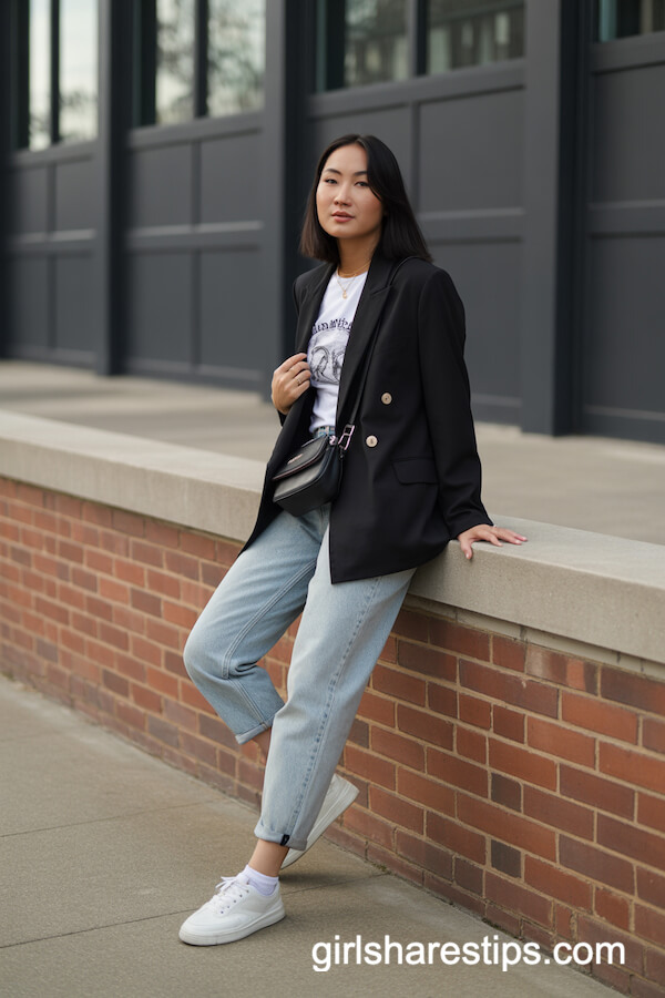 Blazer with graphic tee and jeans