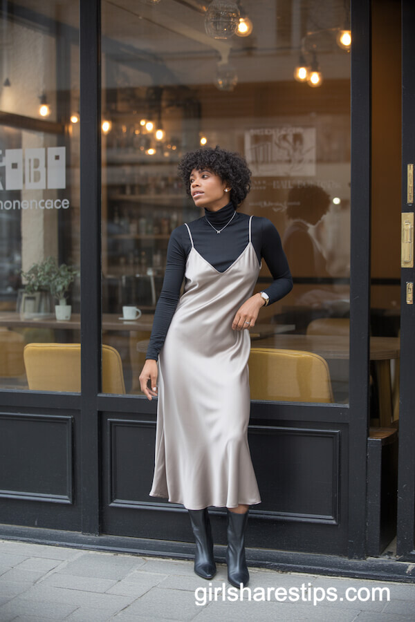 Slip dress over turtleneck and boots
