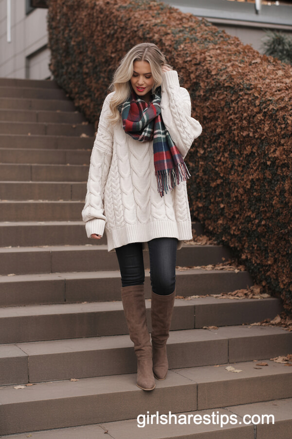 Cable knit sweater and knee-high boots