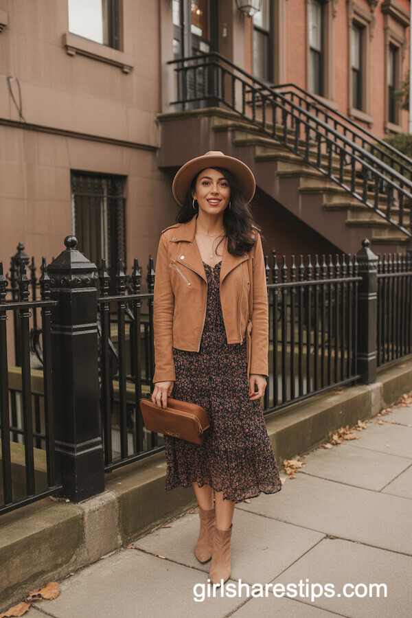 Suede jacket with floral dress