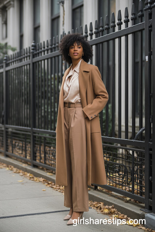 Belted wool coat with pumps
