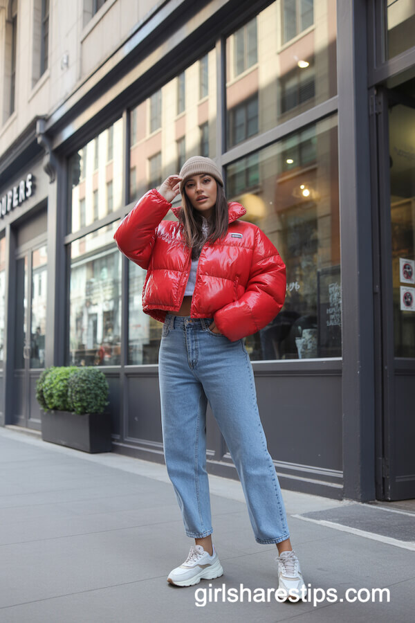 Cropped puffer jacket with sneakers