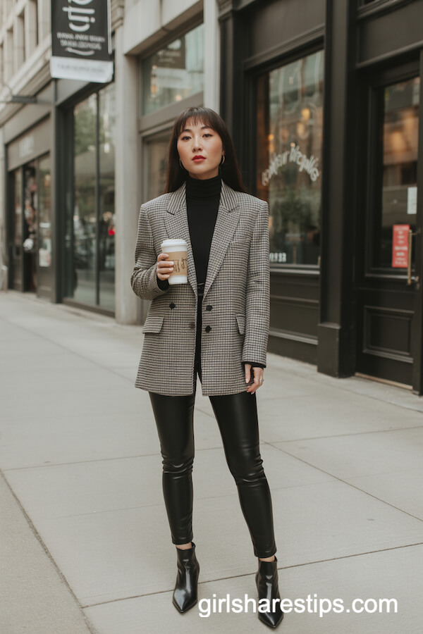 Plaid blazer over leather leggings