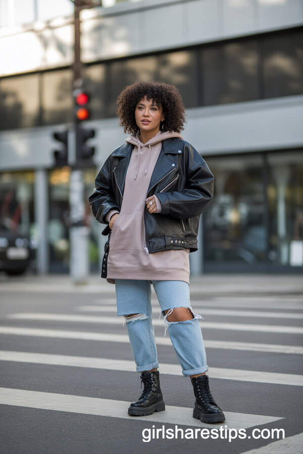 Hoodie and biker jacket with mom jeans