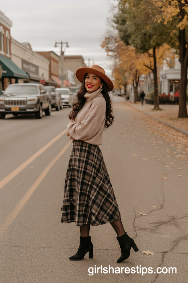Turtleneck tucked into midi skirt