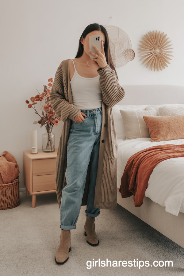 Knit cardigan with relaxed jeans