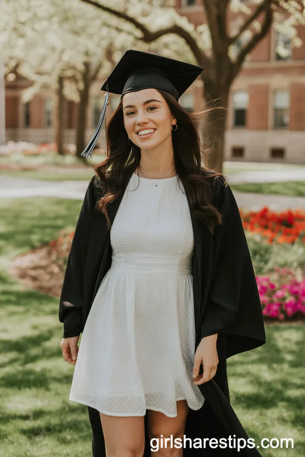 Classic White Dress Under Cap and Gown