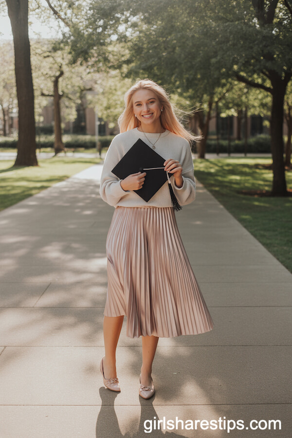Pastel Pleated Midi Skirt with Lightweight Sweater