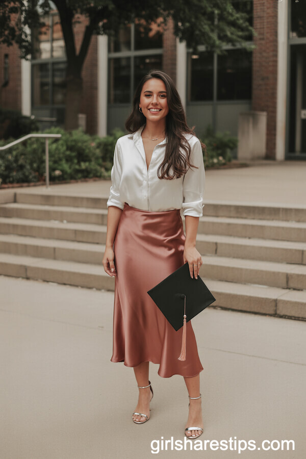 Satin Slip Skirt with Button-Down Shirt