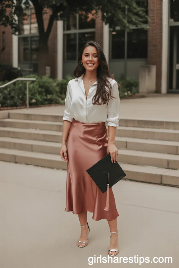 Satin Slip Skirt with Button-Down Shirt