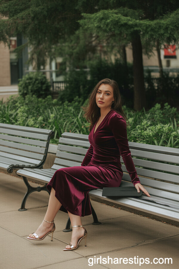 Velvet Dress Paired with Metallic Heels