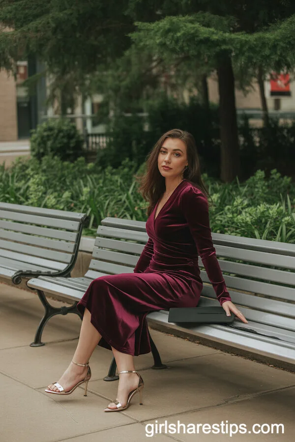 Velvet Dress Paired with Metallic Heels