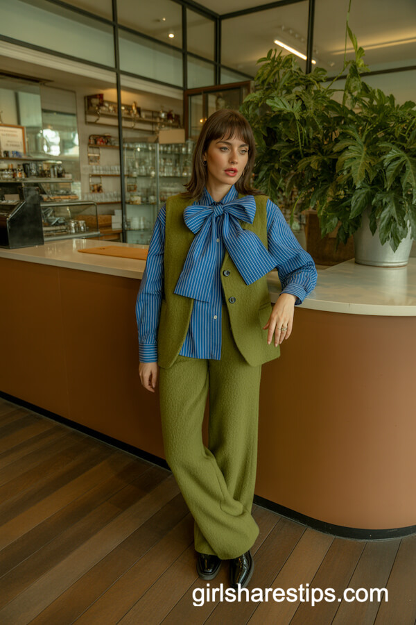 Striped Shirt with Green Vest and Wide-Leg Pants