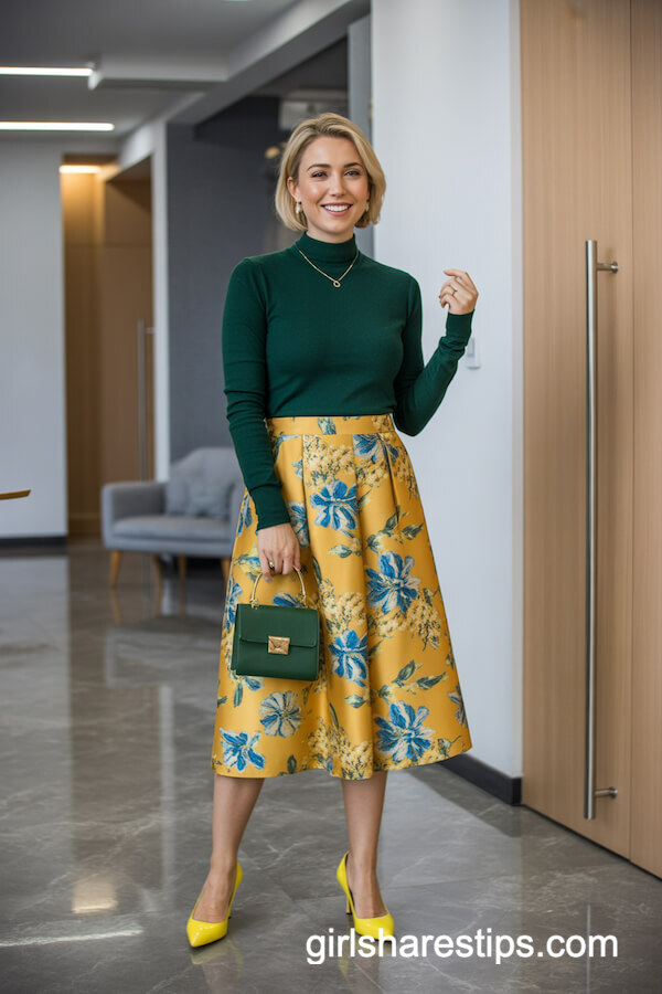 Dark Green Sweater with Yellow Floral Skirt
