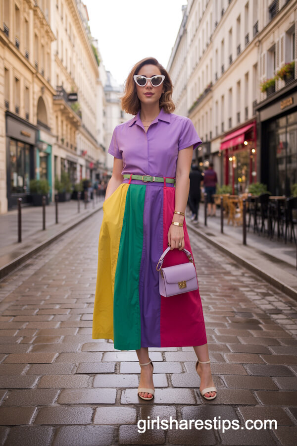 Purple Shirt with Color-Blocked Midi Skirt
