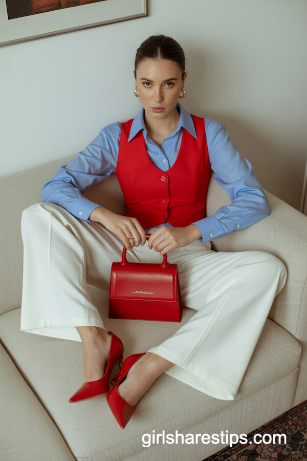 Blue Shirt with Red Vest and White Wide-Legs
