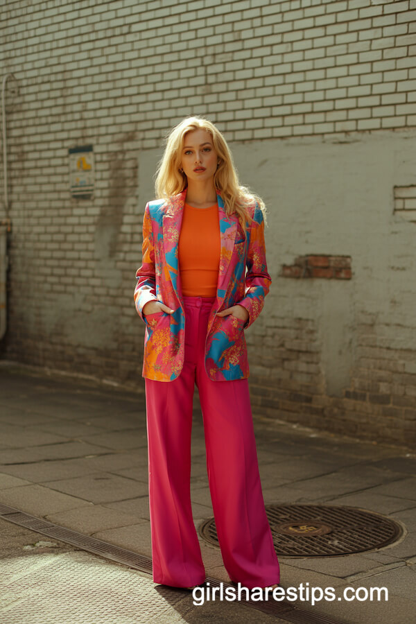 Floral Blazer with Orange Top and Pink Wide-Legs