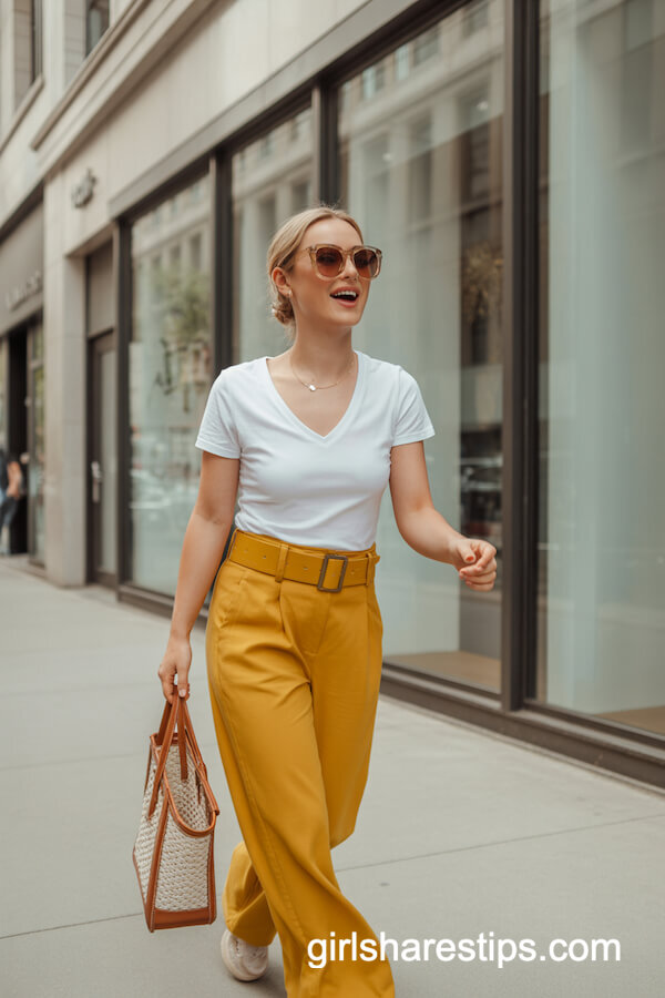 White T-Shirt with Mustard Yellow Wide-Leg Pants
