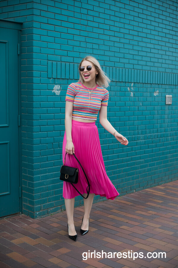 Colorful Striped Crop Top with Pink Midi Skirt