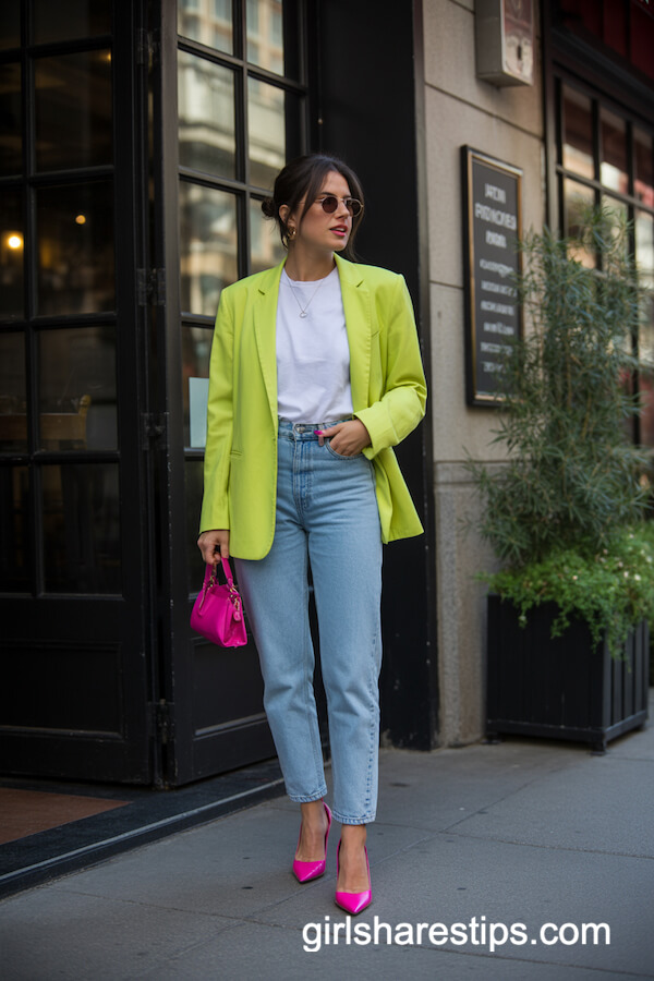 Neon Yellow Blazer with White Tee and Blue Jeans