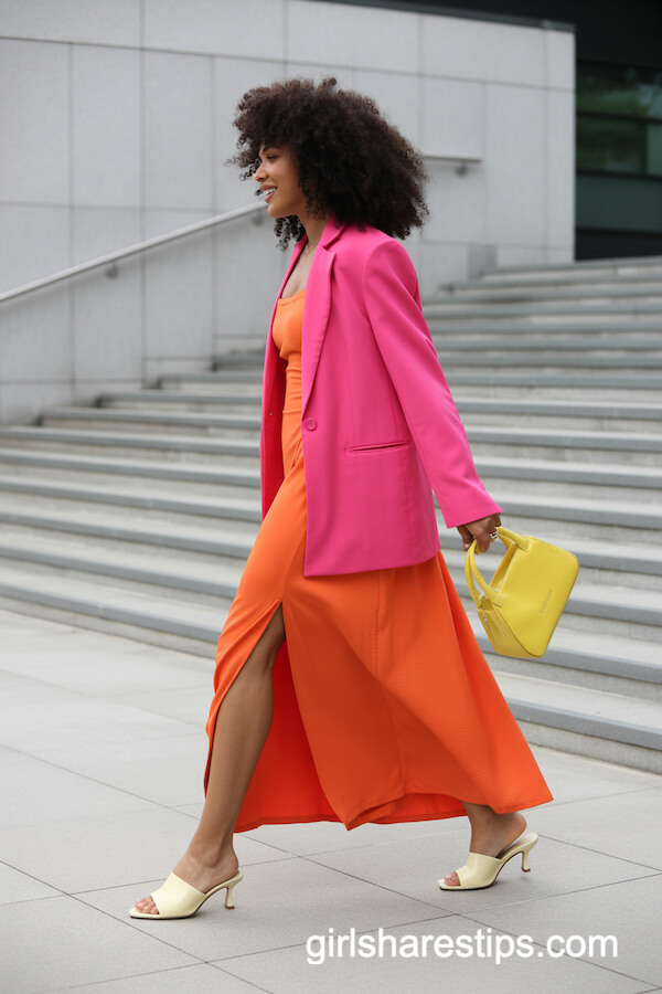 Pink Blazer over Orange Maxi Dress